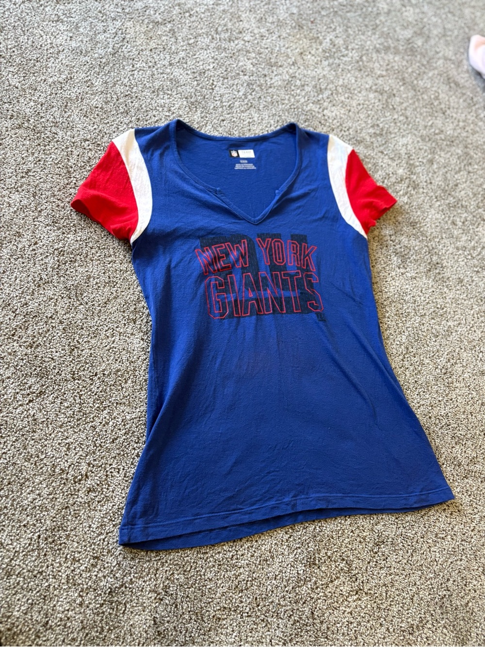 New York Giants Women's Blue V-Neck Tee with Red & White Sleeve Accents